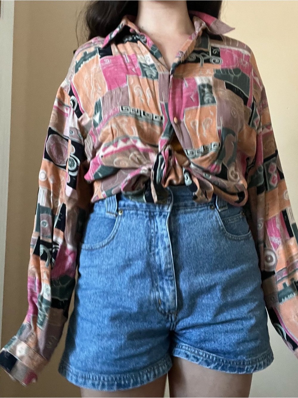 Oversized Geometric Button-Down Shirt in Pink & Tan